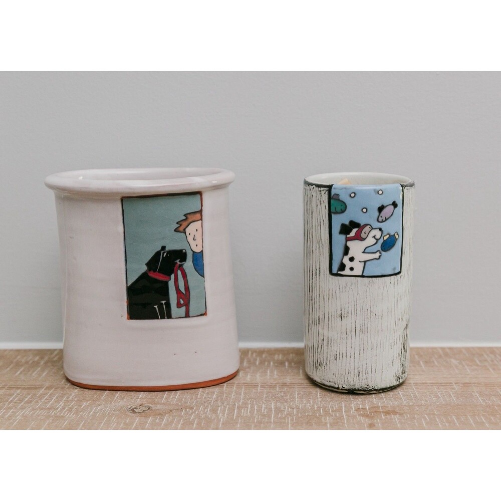 Holmquist Studio Art Pottery Ceramic Dog Leash Illustration Oval Canister Vase